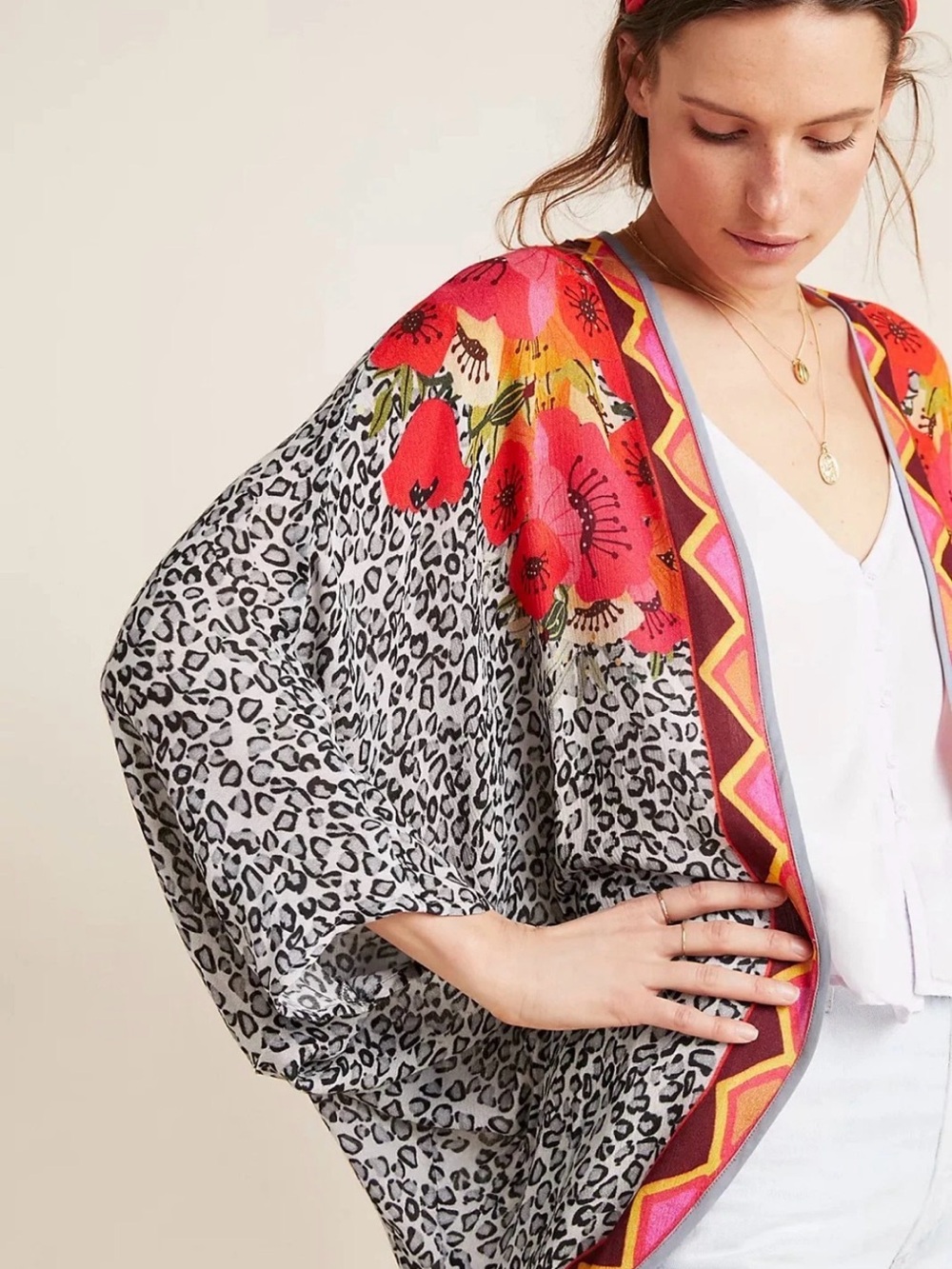 Floral & Leopard Print Open Kimono in Red, Black, White